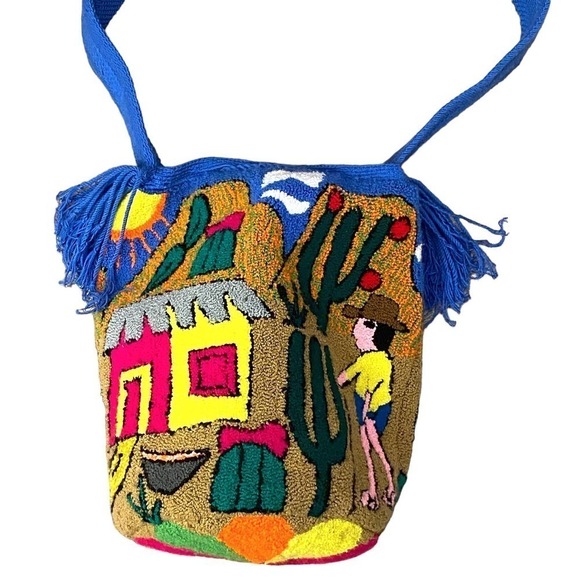 Wayuu tapestry bag Cactus Print Rainbow Fringe Beach Bag Colorful bucket purse - Picture 9 of 16